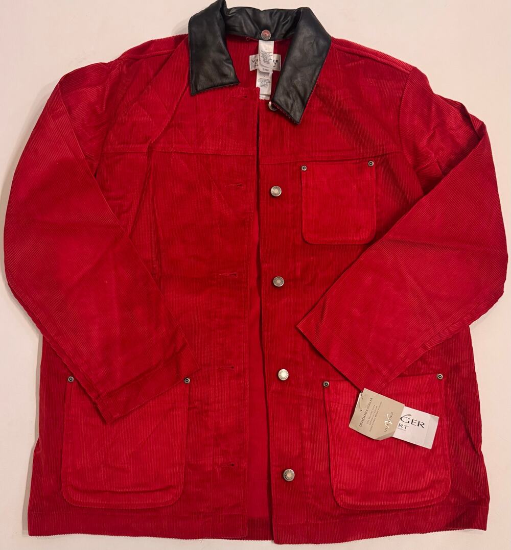 NWT Y2K Vtg Villager Red Corduroy Black Collar Chore Coat Size L Women's